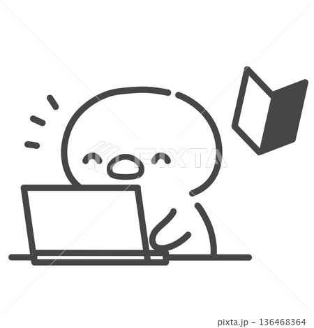 初心者マークとノートパソコンの前で笑顔のひよこ　手書き線画イラスト 136468364