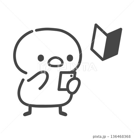 初心者マークとスマホを操作するひよこの手書き線画イラスト 136468368