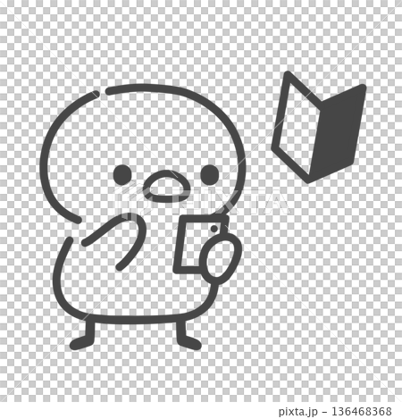 初心者マークとスマホを操作するひよこの手書き線画イラスト 136468368