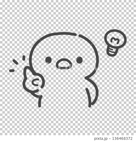 A hand-drawn line drawing of a chick pointing up and holding a shining light bulb A hand-drawn line drawing of a chick pointing up and holding a shining light bulb 136468372