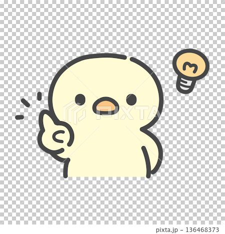 人差し指を立ててひらめく電球を浮かべるひよこの手書きイラスト 136468373