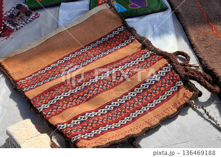 Handmade bag for storing bread. Turkmenistan. Ashkhabad market. Handmade bag for storing bread. Turkmenistan. Ashkhabad market. 136469188
