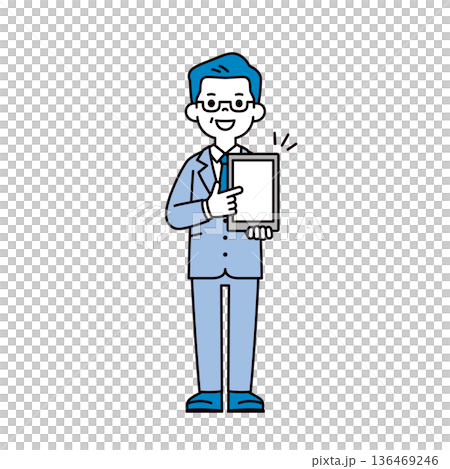 Full-body vector illustration of a businessman in his 50s or 60s pointing at a tablet device and making a suggestion 136469246