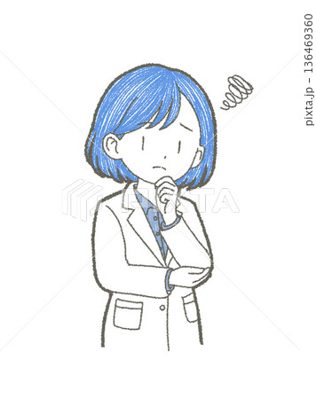 顎に手をあて悩んでいる白衣姿の医療関係者の女性の手書きイラスト素材 136469360