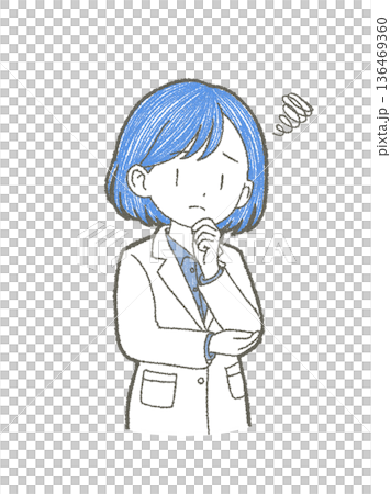 顎に手をあて悩んでいる白衣姿の医療関係者の女性の手書きイラスト素材 136469360