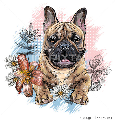 French bulldog Dog with flowers hand drawing vector French bulldog Dog with flowers hand drawing vector 136469464