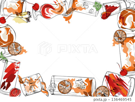 Vector frame of amber and red cocktails, spirits and wine with citrus slices, clean ink outlines. Hand drawn for menus, blog borders, festive packaging, bar signage, recipe cards, themed stationery. Vector frame of amber and red cocktails, spirits and wine with citrus slices, clean ink outlines. Hand drawn for menus, blog borders, festive packaging, bar signage, recipe cards, themed stationery. 136469545