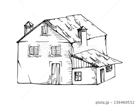 Detailed ink hand drawing of a traditional country villa with sloping roof and character windows. Vintage architecture illustration for travel, branding, packaging and Mediterranean lifestyle themes. Detailed ink hand drawing of a traditional country villa with sloping roof and character windows. Vintage architecture illustration for travel, branding, packaging and Mediterranean lifestyle themes. 136469552