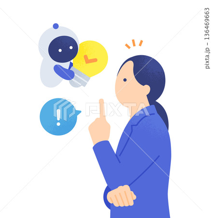 電球を持つロボットとひらめく女性。アイデアをもたらすAIのベクターイラスト素材。 136469663