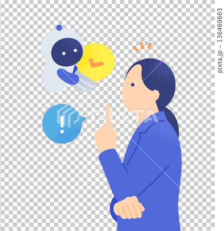 電球を持つロボットとひらめく女性。アイデアをもたらすAIのベクターイラスト素材。 136469663