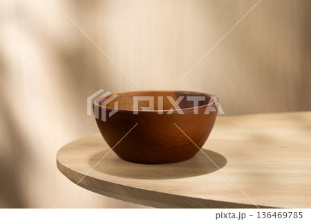Empty Japanese Style Wooden Bowl on Minimal Table 136469785