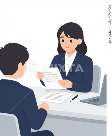 銀行窓口で書類を説明する女性銀行員のイラスト 136470458