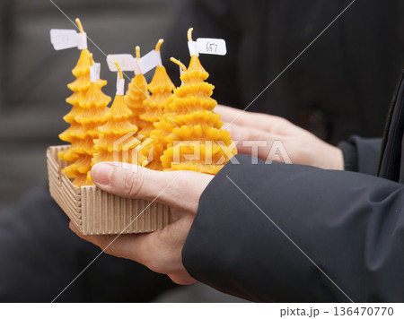 Beeswax Christmas Tree Candles at Farmers Market Naplavka 136470770