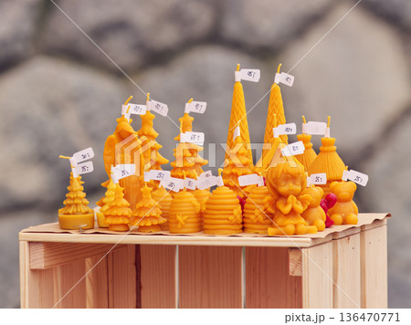 Beeswax Christmas Candles at Winter Naplavka Market Beeswax Christmas Candles at Winter Naplavka Market 136470771