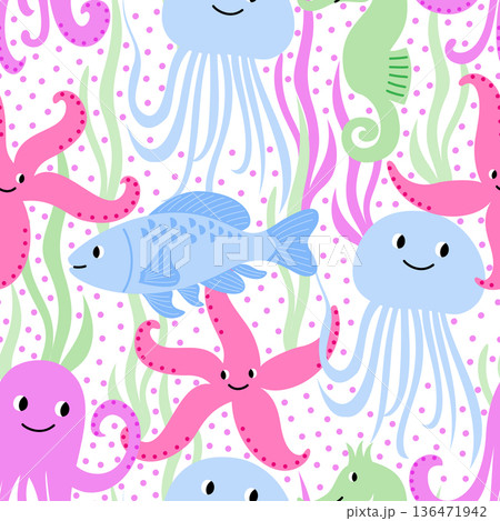 Vector seamless pattern with cute sea creatures 136471942