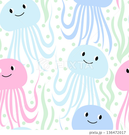 Vector seamless pattern with cute jellyfishes and seaweeds Vector seamless pattern with cute jellyfishes and seaweeds 136472017