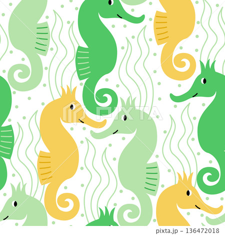 Vector seamless pattern with cute seahorses and seaweeds 136472018