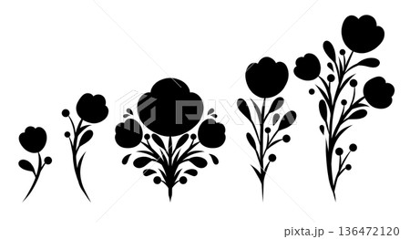 Black folk floral silhouettes with stylized flowers, rounded petals and curved branches. Set of black silhouette decorative vector floral shapes 136472120