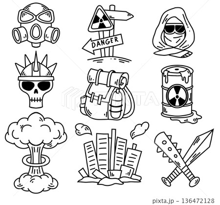 Vector set of outline icons. Post-apocalyptic and nuclear war. Protective mask, sign, city, chemical tank, nuclear explosion, backpack. Vector set of outline icons. Post-apocalyptic and nuclear war. Protective mask, sign, city, chemical tank, nuclear explosion, backpack. 136472128