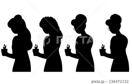 Set of black silhouettes of women in profile holding small potted plants. A collection of women with flowers Set of black silhouettes of women in profile holding small potted plants. A collection of women with flowers 136472132