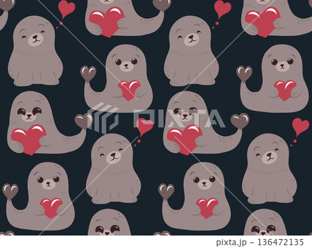 Seamless pattern of cute cartoon seals holding hearts. Texture cute naive creatures playful and friendly illustration style 136472135