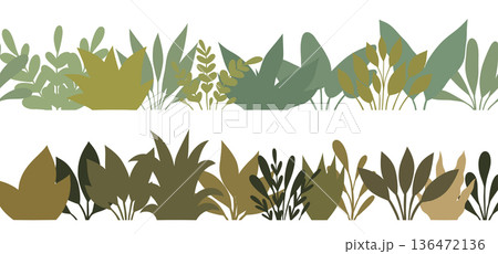 Set of horizontal botanical borders made of layered leaves and plants. Flat vector shapes with natural colors, varied silhouettes 136472136