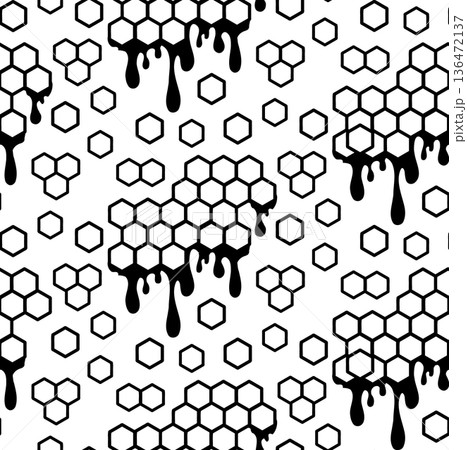 Seamless black and white honeycomb pattern with dripping shapes. Geometric hexagons combined with fluid drops Seamless black and white honeycomb pattern with dripping shapes. Geometric hexagons combined with fluid drops 136472137