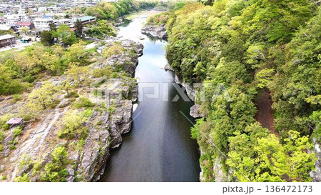 緑豊かな木々に囲まれた長瀞渓谷の岩畳と清流│日本の美しい自然風景と景勝地 136472173
