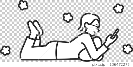 一位四十多歲的女性在舒適的地暖上放鬆的插圖（僅線條畫） 136472275