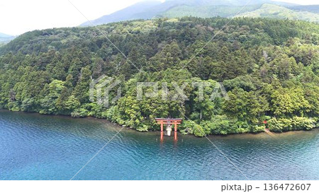 箱根神社の森の緑と芦ノ湖の青のコントラストが美しい平和の鳥居│静寂な湖畔の神聖な風景 136472607