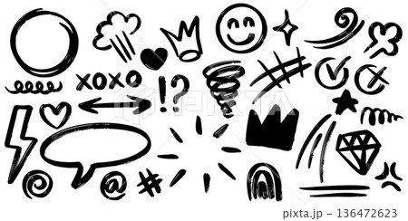 Hand Drawn Black Marker Doodles and Graffiti Elements Set on White Background 136472623