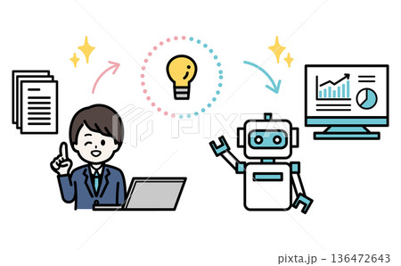 AI活用で業務効率化を実現するビジネスマンとロボットのイラスト AI活用で業務効率化を実現するビジネスマンとロボットのイラスト 136472643