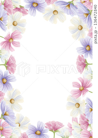Vertical pastel floral card template isolated on white. Watercolor blooming spring flowers banner with cosmos wildflowers in pink and purple colors for delicate romantic designs Vertical pastel floral card template isolated on white. Watercolor blooming spring flowers banner with cosmos wildflowers in pink and purple colors for delicate romantic designs 136472840