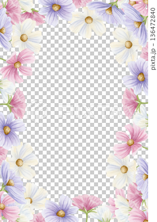 Vertical pastel floral card template isolated on white. Watercolor blooming spring flowers banner with cosmos wildflowers in pink and purple colors for delicate romantic designs Vertical pastel floral card template isolated on white. Watercolor blooming spring flowers banner with cosmos wildflowers in pink and purple colors for delicate romantic designs 136472840