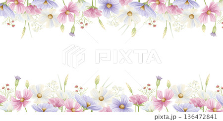 Elegant floral spring banner watercolor illustration isolated on white. Blooming cosmos flowers horizontal template. Pastel wildflowers in pink and purple colors for delicate botanical designs Elegant floral spring banner watercolor illustration isolated on white. Blooming cosmos flowers horizontal template. Pastel wildflowers in pink and purple colors for delicate botanical designs 136472841