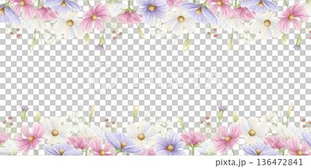 Elegant floral spring banner watercolor illustration isolated on white. Blooming cosmos flowers horizontal template. Pastel wildflowers in pink and purple colors for delicate botanical designs Elegant floral spring banner watercolor illustration isolated on white. Blooming cosmos flowers horizontal template. Pastel wildflowers in pink and purple colors for delicate botanical designs 136472841
