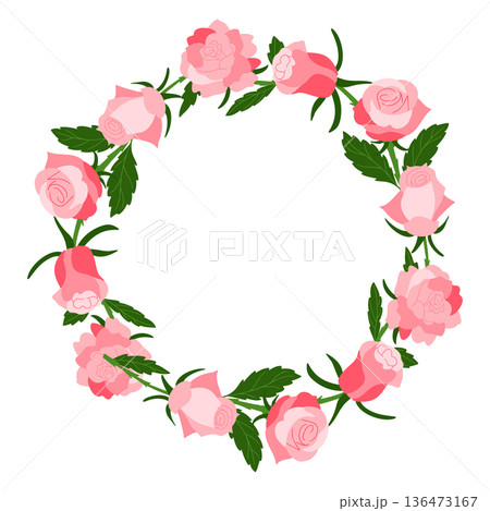 Hand drawn rose wreath with pink blossom and green leaf isolated on white background Vector floral frame for wedding invitation and romantic design, concept of love and celebration Hand drawn rose wreath with pink blossom and green leaf isolated on white background Vector floral frame for wedding invitation and romantic design, concept of love and celebration 136473167