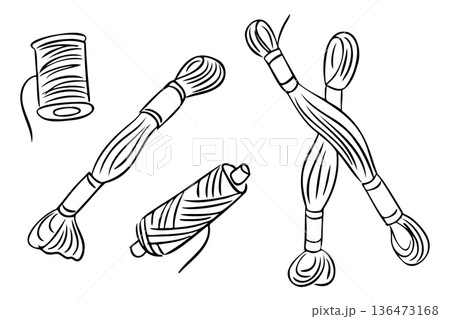 Hand drawn thread spool and skein set isolated on white background Vector sewing supply illustration for craft and handmade design, concept of tailoring and hobby 136473168
