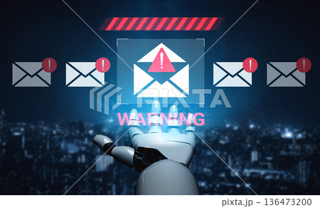 Robot hand interacting with digital warning alert of potential email threat and phishing attempt depicted with futuristic technology and dark background Gantry Robot hand interacting with digital warning alert of potential email threat and phishing attempt depicted with futuristic technology and dark background Gantry 136473200