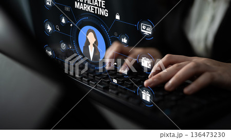Modern Affiliate Marketing Concept with Female Professional Typing on Keyboard Surrounded by Digital Icons Representing Online Business Strategies Quark Modern Affiliate Marketing Concept with Female Professional Typing on Keyboard Surrounded by Digital Icons Representing Online Business Strategies Quark 136473230