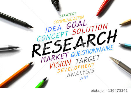 Research word and pens on white background 136473341