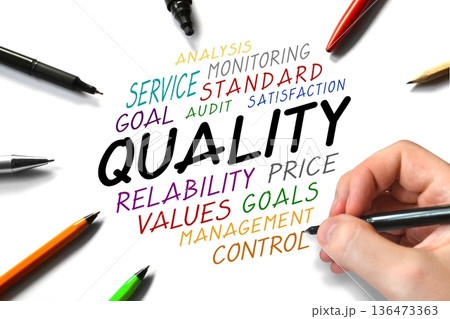 Quality concept - human hand writing words Quality concept - human hand writing words 136473363