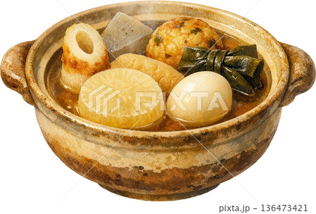 土鍋で煮込んだ温かい冬の鍋料理の水彩画風イラスト 土鍋で煮込んだ温かい冬の鍋料理の水彩画風イラスト 136473421