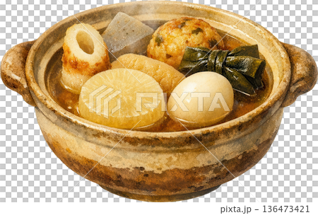 土鍋で煮込んだ温かい冬の鍋料理の水彩画風イラスト 土鍋で煮込んだ温かい冬の鍋料理の水彩画風イラスト 136473421
