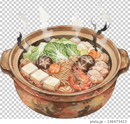 土鍋で煮込んだ温かい冬の鍋料理の水彩画風イラスト 136473423