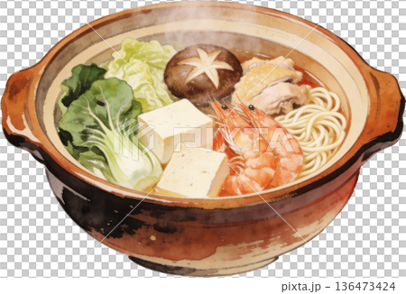 Watercolor illustration of a warm winter hot pot dish simmered in a clay pot 136473424