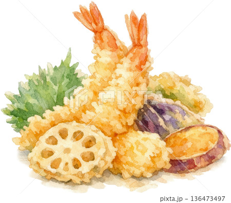 天ぷら盛り合わせの水彩画風イラスト 海老と野菜のサクサクした和食イメージ 天ぷら盛り合わせの水彩画風イラスト 海老と野菜のサクサクした和食イメージ 136473497