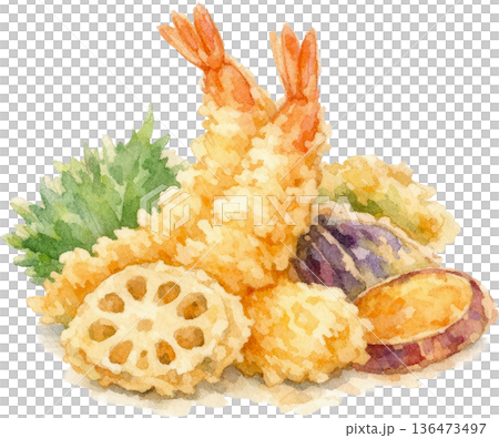 天ぷら盛り合わせの水彩画風イラスト 海老と野菜のサクサクした和食イメージ 天ぷら盛り合わせの水彩画風イラスト 海老と野菜のサクサクした和食イメージ 136473497