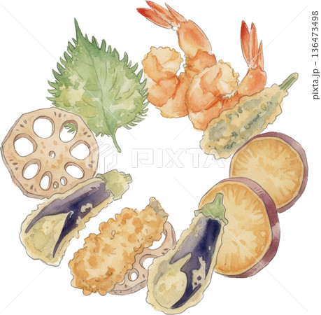 天ぷら盛り合わせの水彩画風イラスト 海老と野菜のサクサクした和食イメージ 136473498