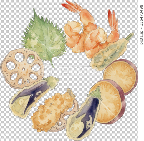 天ぷら盛り合わせの水彩画風イラスト 海老と野菜のサクサクした和食イメージ 136473498